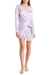 Bonheur D'amour Satin Long Sleeve Wrap Minidress In Lavender