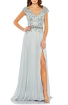 Mac Duggal Beaded Sequin Cap Sleeve A-line Gown In Sea Mist