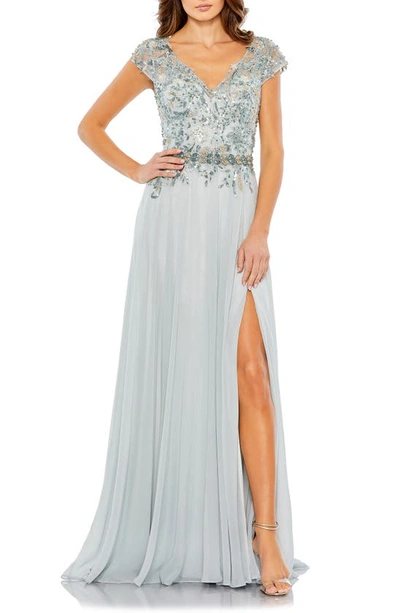 Mac Duggal Beaded Sequin Cap Sleeve A-line Gown In Sea Mist