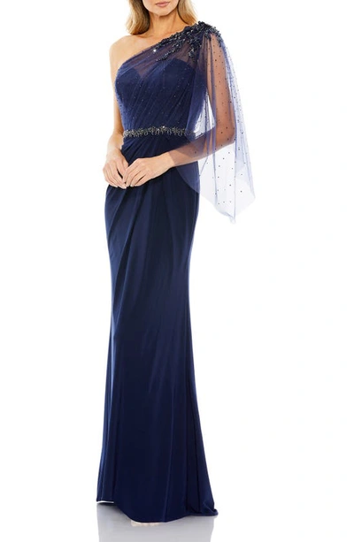 Mac Duggal Beaded One-shoulder Sheath Gown In Blue