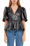 English Factory Puff Sleeve Faux Leather Peplum Top In Black