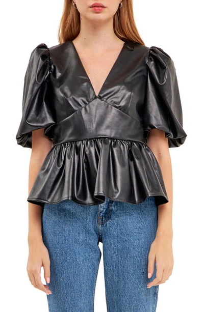 English Factory Puff Sleeve Faux Leather Peplum Top In Black