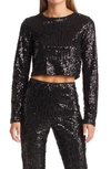Open Edit Sequin Long Sleeve Crop Top In Black