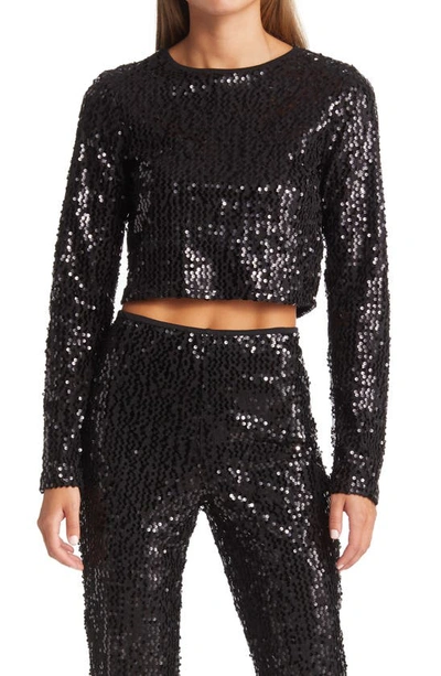 Open Edit Sequin Long Sleeve Crop Top In Black