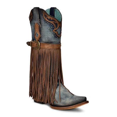 Pre-owned Corral Boots Corral Ladies Blue Jean Denim Harness & Fringe Snip Toe Boots C3873