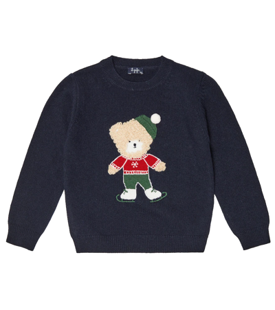 Il Gufo Kids' Intarsia Embroidered Wool Sweater In Blue/berry
