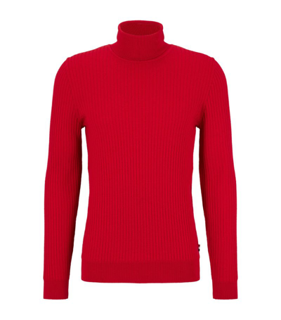 Hugo Boss Ribbed-detail Merino-wool Rollneck Jumper In Red