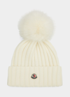 Moncler Ribbed Logo Beanie With Faux Fur Pom In Natural