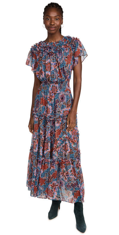 Misa Suki Floral Print Metallic Chiffon Midi Dress In Cerulean Flora