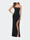 La Femme Strapless Jersey Dress With Ruching And Skirt Slit In Black