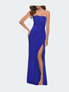 La Femme Strapless Jersey Dress With Ruching And Skirt Slit In Blue