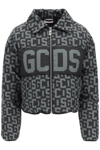 Gcds Woman Black Crop Down Jacket With Monogram Pattern And Logo Band In Multicolor