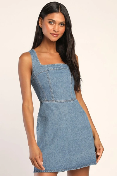 Lulus So Delighted Medium Wash Denim Corset Seam Mini Dress In Blue