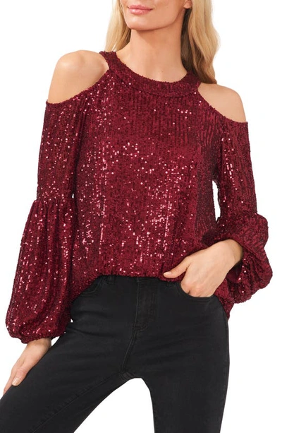 Cece Cold Shoulder Sequined Blouse In Dark Wine