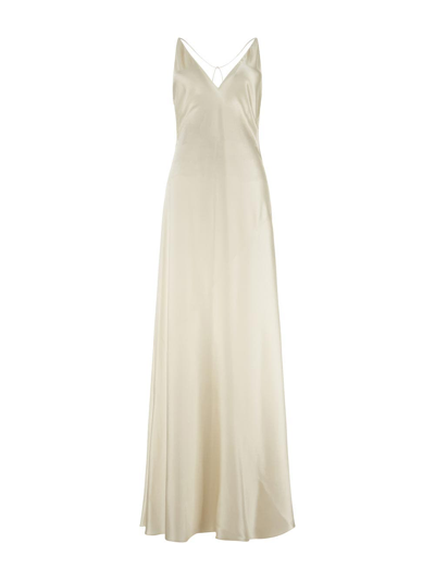 Saint Laurent Lace-trimmed Silk Maxi Dress In Ivory