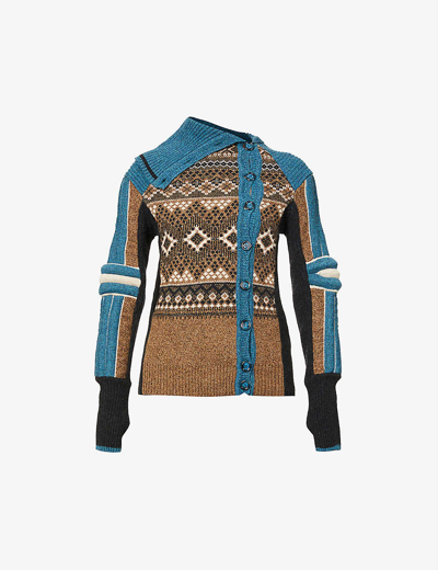 Paolina Russo Armour Geometric-pattern Wool-knitted Cardigan In Brown Azure