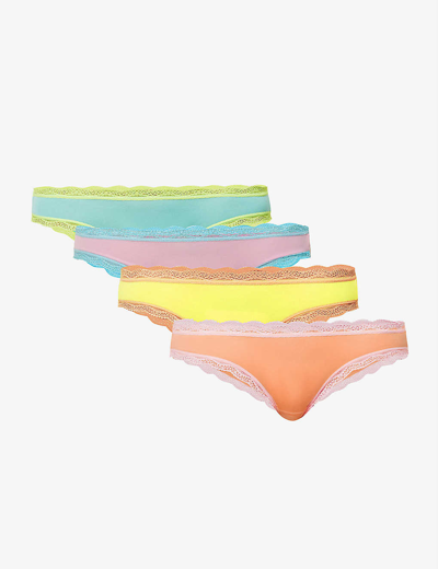 Stripe & Stare Low-rise Pack Of Four Stretch-modal Thongs In Neon Candy