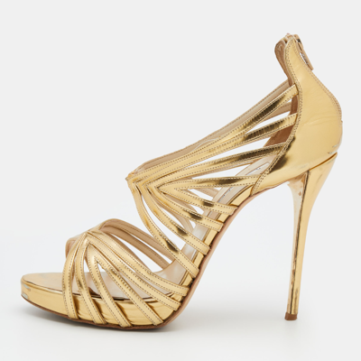 Pre-owned Oscar De La Renta Metallic Gold Leather Ankle Strap Platform Sandals Size 40
