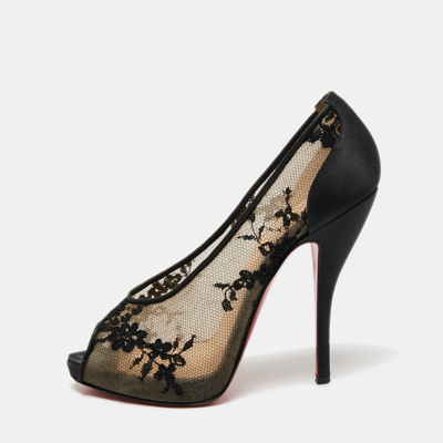 Pre-owned Christian Louboutin Black Lace And Satin Fetilo Peep-toe Pumps Size 38