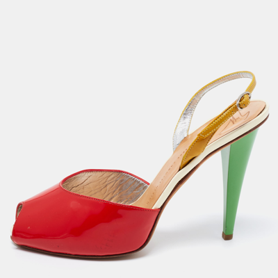 Pre-owned Giuseppe Zanotti Tri-color Patent Leather Peep Toe Slingback Sandals Size 40 In Red