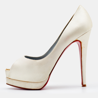 Pre-owned Christian Louboutin Off-white Satin Palais Royal Peep Toe Platform Pumps Size 37.5