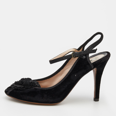 Pre-owned Moschino Black Velvet Flower Embellished Mary Jane Peep Toe Sandals Size 38