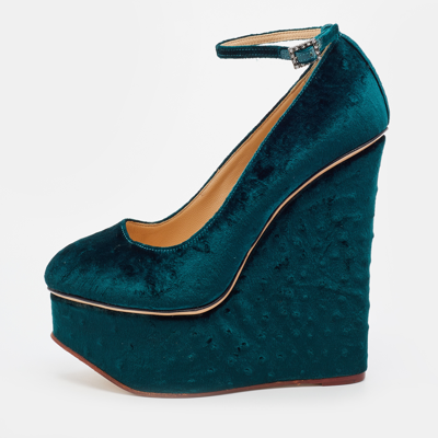 Pre-owned Charlotte Olympia Teal Green Ostrich Effect Velvet Wedge Platform Ankle Strap Pumps Size 37.5