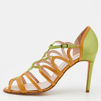 Pre-owned Manolo Blahnik Green/gold Satin And Leather Cut Out Strappy Sandals Size 41