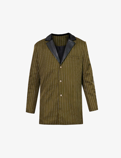 Youths In Balaclava Pinstripe Textured-lapel Relaxed-fit Stretch-cotton Jacket In Green