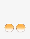 Linda Farrow Leif 22ct Yellow Gold-plated Titanium And Lacquer Hexagonal-frame Sunglasses In Gold/ Brown/ Orange