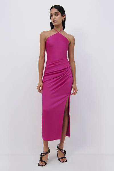 Jonathan Simkhai Hansel Halter Satin Midi-dress In Bougainvillea