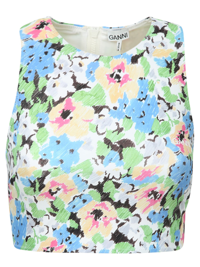 Ganni Racerback Floral-print Jersey Bikini Top In Light Blue