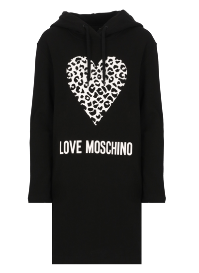 Love Moschino Dress With Hood And Animalier Heart In Black