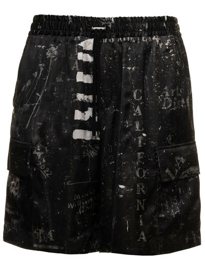 Amiri Army Stencil Printed Viscose Cargo Shorts Man In Nero