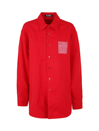Raf Simons Straight Fit Denim Shirt With R Pin In Back In Red