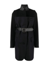 Sacai Belted Pinstriped Wool Blazer In Black Navy