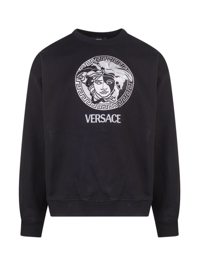 Versace Cotton Sweatshirt With Front Iconic Medusa In Black
