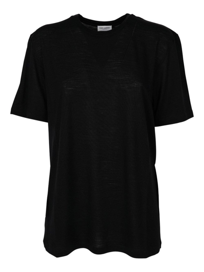 Saint Laurent Logo Embroidered Crewneck T-shirt In Black