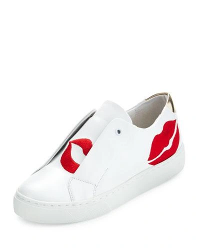 Here/now Scarlett Lip-embroidered Sneakers, White/red