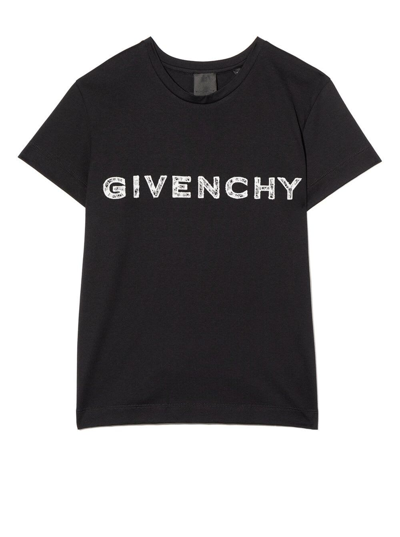 Givenchy Kids' Logo刺绣棉t恤 In Black