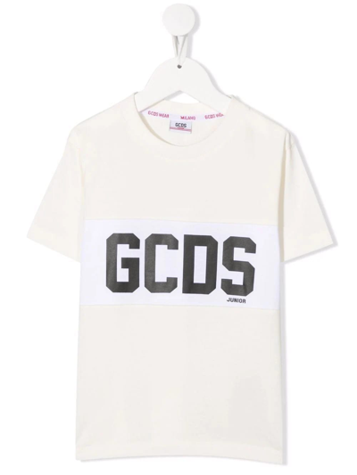 Gcds Mini Kids White T-shirt With Gcds Logo Band In Ivory