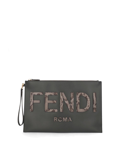 Fendi Logo Detailed Large Flat Pouch In Antracite+asfalto+os