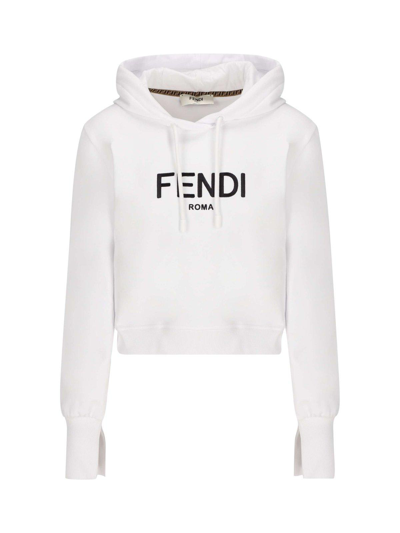 Fendi Logo Embroidered Drawstring Cropped Hoodie In Znm White