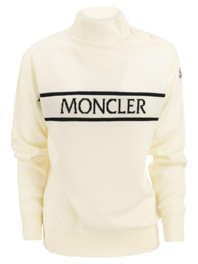 Moncler Logo Intarsia Turtleneck Sweater In White