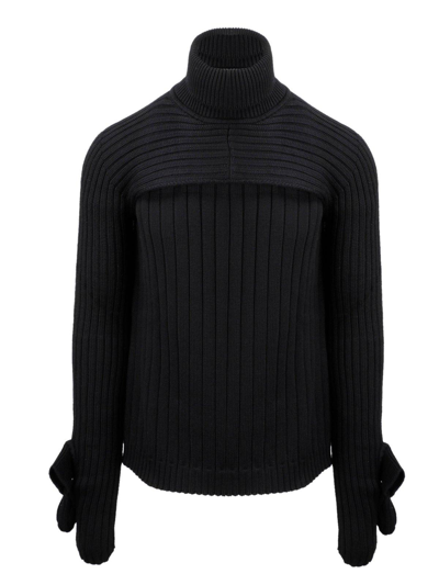 Fendi Wool Jumper With Asymmetrical Sleeves And Ribbed Knit In Black