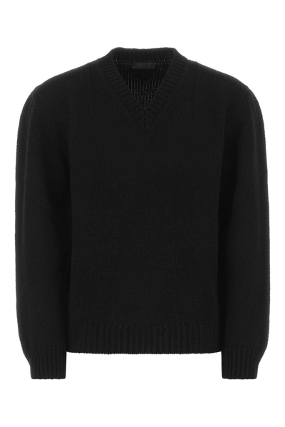 Prada V-neck Ribbed Knit Sweater In Nero