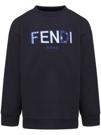 Fendi Kids' Patchwork Logo Cotton Sweatshirt In Navy