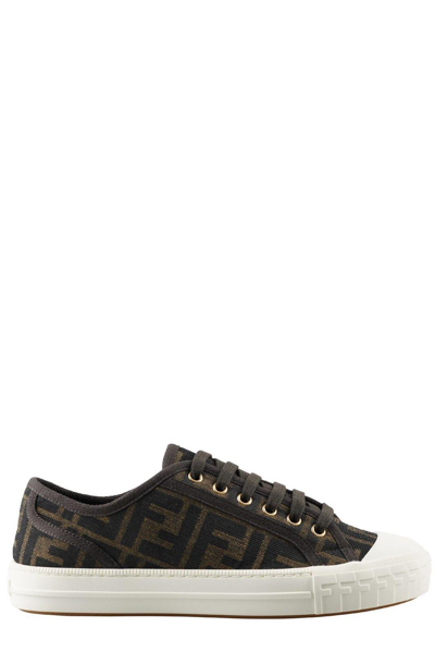 Fendi Low-top Sneakers With Monogram Pattern And Gold-tone Accents In Black
