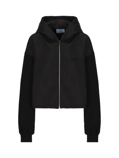 Prada Drawstring Hem Hooded Jacket In Nero