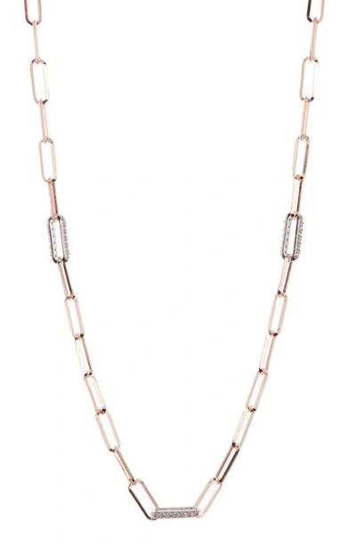 Meshmerise 18k White Gold Plated Diamond Paperclip Chain Necklace In Rose Gold